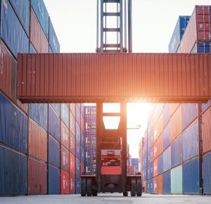 Forklift working in the container cargo yard port loading cargo, Logistic service and transportation